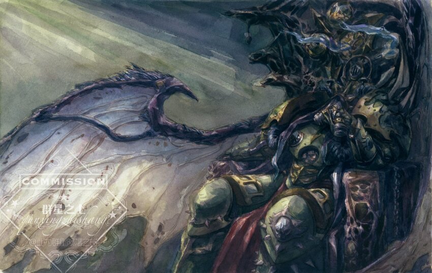 1boy armor artist_name breastplate chain chaos_(warhammer) commentary commission couter cuirass death_guard decay demon_primarch demon_wings english_commentary english_text feet_out_of_frame flayed_skin fumes gauntlets gold_trim greaves green_armor hand_on_own_chin hand_on_own_face head_rest hentality highres insect_wings leaning_to_the_side leg_armor male_focus mask mortarion no_pupils nurgle nurgle_(symbol) pauldrons pelvic_curtain poleyn power_armor primarch purple_hood rebreather rerebrace respirator shoulder_armor sitting skull_ornament slime_(substance) solo spiked_armor spiked_hood spread_wings sunlight throne torn_clothes traditional_media warhammer_40k watermark wings yellow_eyes