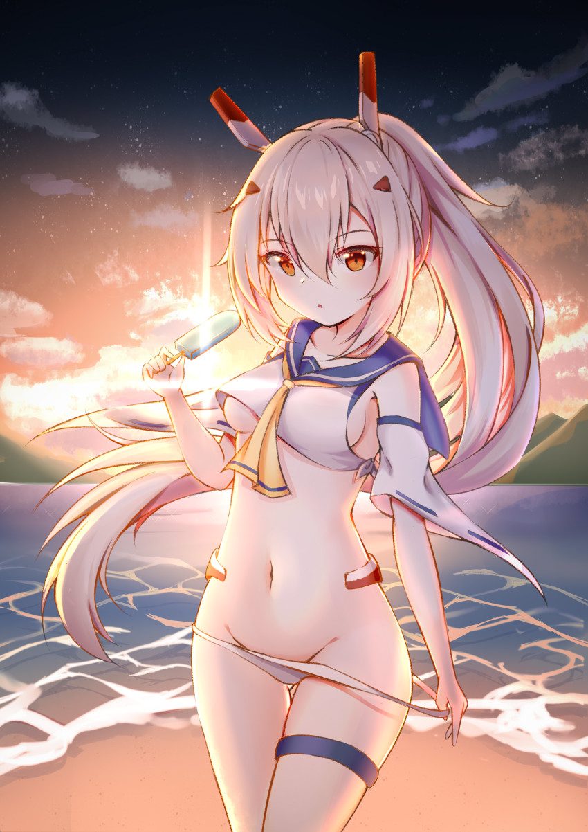 1girl absurdres armpits ascot ayanami_(azur_lane) ayanami_(retrofit)_(azur_lane) azur_lane beach breasts cloud cloudy_sky collarbone commentary_request detached_sleeves food groin hair_ornament hairclip highres holding horizon juiceneko long_hair looking_at_viewer medium_breasts midriff navel ocean orange_eyes panties parted_lips ponytail popsicle retrofit_(azur_lane) school_uniform serafuku sideboob silver_hair sky solo sunrise underboob underwear unworn_panties white_panties wide_sleeves wind