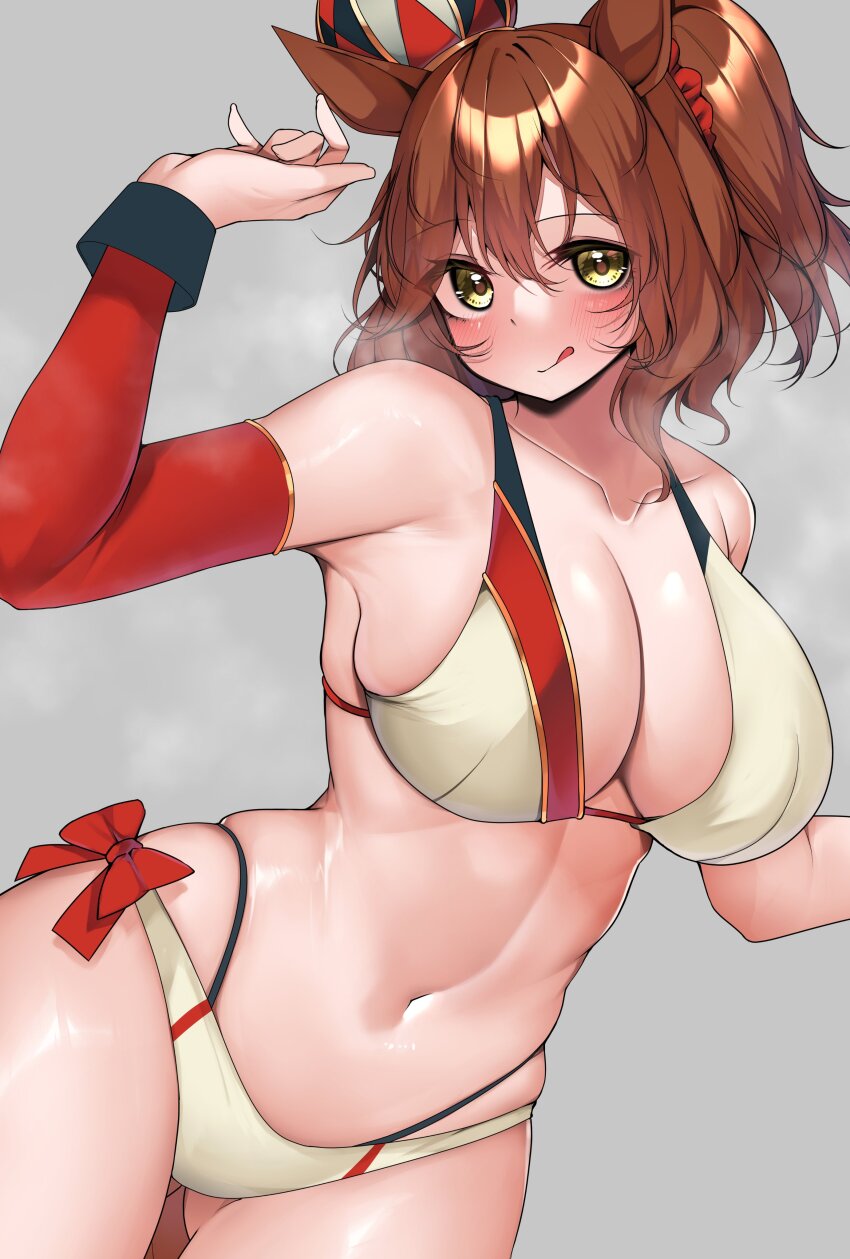 1girl :p absurdres animal_ears aston_machan_(umamusume) bikini blush breasts brown_hair cleavage collarbone commentary_request gauntlets gluteal_fold grey_background hair_between_eyes hair_ornament highres horse_ears horse_girl kshimu large_breasts looking_at_viewer medium_hair navel simple_background single_gauntlet skindentation solo steam stomach swimsuit tongue tongue_out umamusume white_bikini yellow_eyes