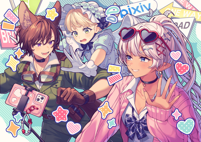 1boy 2girls animal_ear_fluff animal_ears blonde_hair blue_background blue_dress blue_eyes bonnet brown_gloves brown_hair cardigan cellphone collared_shirt commentary_request dark-skinned_female dark_skin dress eyewear_around_neck eyewear_on_head fox_boy fox_ears gloves goggles green_eyes green_jacket grey_hair grin hair_ornament heart highres jacket long_hair long_sleeves lq_saku multiple_girls notice_lines open_cardigan open_clothes open_mouth original outstretched_arms phone pink_cardigan pixiv_logo ponytail purple_eyes selfie_stick shirt short_hair short_sleeves sleeves_past_wrists smartphone smile sparkle star_(symbol) sunglasses teeth white_bonnet white_gloves white_shirt x_hair_ornament
