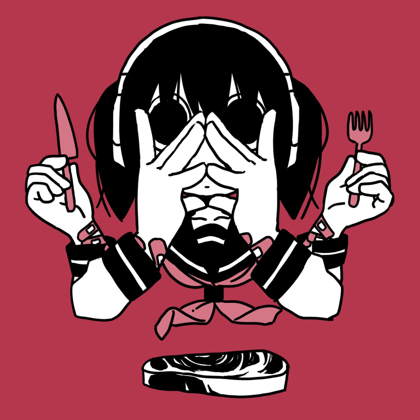 1girl bandaid bandaid_on_arm black_hair closed_mouth commentary_request cropped_shoulders empty_eyes explosion_psycho extra_arms food fork haguruma_hasami_(explosion_psycho) hands_on_own_face hands_up headphones highres holding holding_fork holding_knife index_finger_raised knife limited_palette long_sleeves looking_at_viewer neckerchief no_pupils original own_hands_together pink_neckerchief red_background sailor_collar solo staring steak steepled_fingers straight-on too_many_bandaids twintails wide-eyed