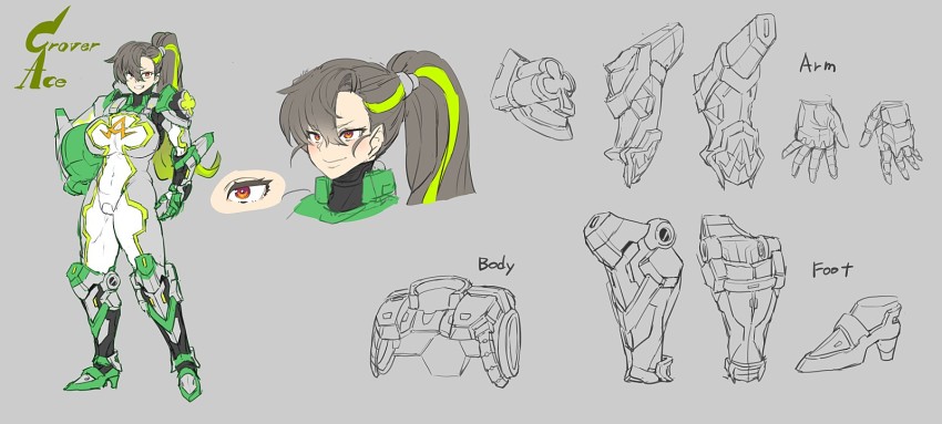 1girl blush bodysuit breasts brown_eyes character_name reference_sheet clover_ace concept_art english_text engrish_text full_body green_hair grey_background grey_hair grin hair_between_eyes unworn_headwear helmet unworn_helmet highres holding holding_helmet large_breasts last_origin long_hair looking_at_viewer multicolored_hair obui ponytail ranguage smile solo streaked_hair two-tone_hair