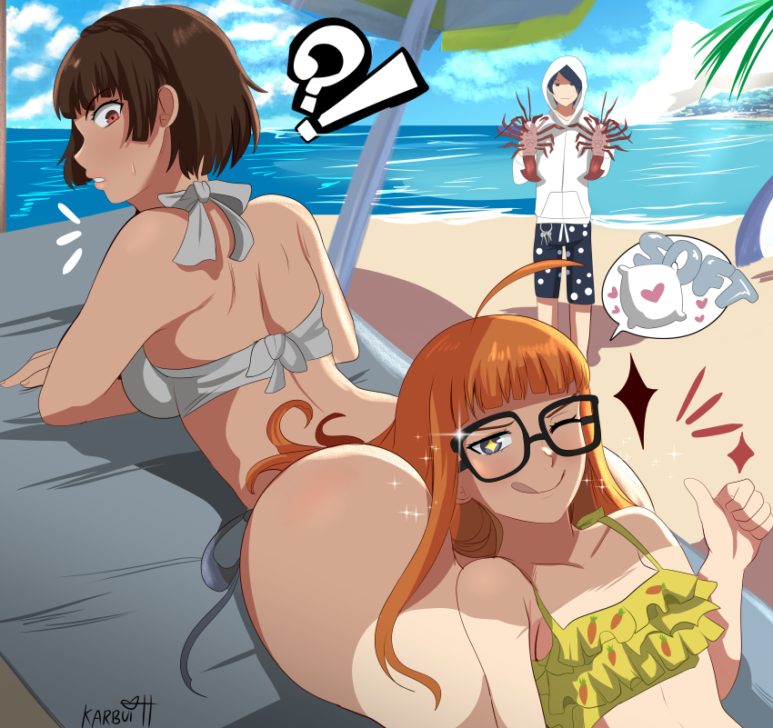 1boy 2girls absurdres ass beach beach_towel beach_umbrella bikini breasts brown_hair glasses highres hood hoodie karbuitt kitagawa_yuusuke large_breasts lobster looking_at_viewer looking_back male_swimwear megami_tensei multiple_girls niijima_makoto ocean one_eye_closed orange_hair persona persona_5 pillow red_eyes sakura_futaba small_breasts speech_bubble star-shaped_pupils star_(symbol) swim_trunks swimsuit symbol-shaped_pupils thought_bubble thumbs_up tongue tongue_out towel umbrella white_bikini wink yellow_bikini