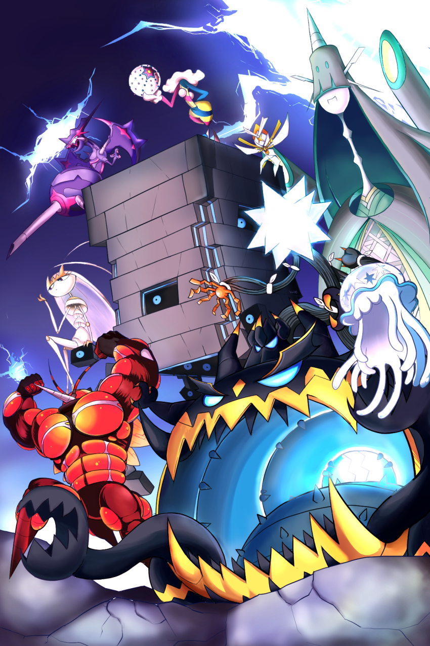 antennae artist_request blacephalon buzzwole celesteela clenched_hand dragon_wings electricity everyone fangs gen_7_pokemon glowing glowing_eyes guzzlord highres kartana long_neck muscular naganadel nihilego nintendo open_mouth pheromosa pokemon pokemon_(creature) sharp_teeth sitting stakataka teeth ultra_beast watermark wings xurkitree