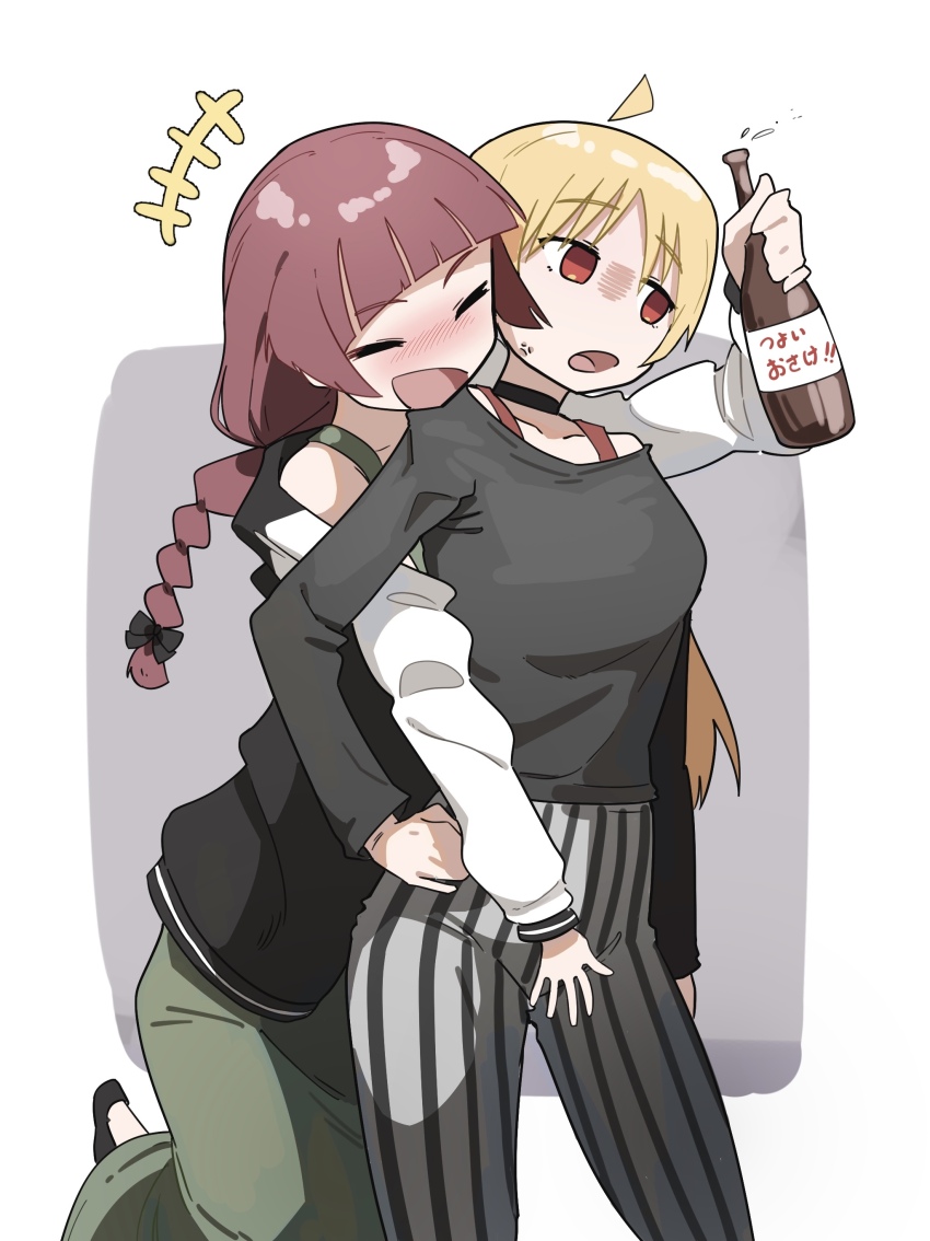 2girls absurdres ahoge black_bow black_choker black_jacket black_shirt blonde_hair blunt_bangs blush bocchi_the_rock! bottle bow braid choker closed_eyes dress green_dress hair_bow hand_on_own_hip hanten_(hantennano) highres hiroi_kikuri holding holding_bottle hug hug_from_behind ijichi_seika jacket long_hair long_sleeves looking_away multicolored_jacket multiple_girls nose_blush open_clothes open_jacket open_mouth pants purple_hair red_eyes sake_bottle shirt single_braid smile striped_clothes striped_pants two-tone_jacket vertical-striped_clothes vertical-striped_pants white_jacket