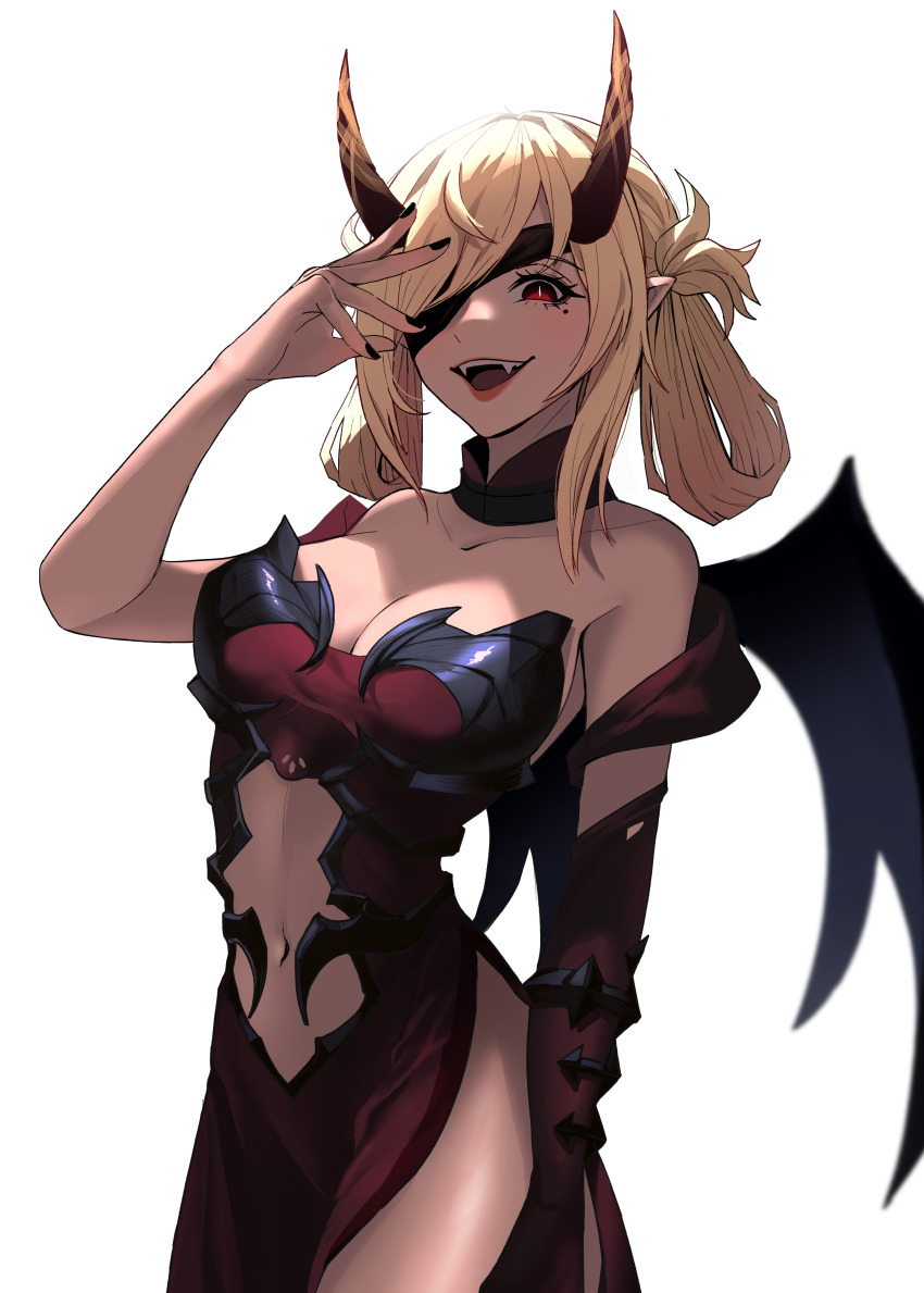 1girl :d absurdres arm_up bare_shoulders black_wings blonde_hair breasts center_opening cleavage collarbone commentary_request dress eyepatch fangs hair_rings highres horns korean_commentary large_breasts looking_at_viewer mole mole_under_eye navel open_mouth original red_dress red_eyes simple_background smile solo strapless strapless_dress white_background wings ysoa26
