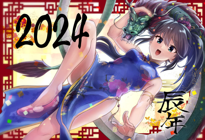 1girl 2024 :d absurdres aqua_eyes black_hair blue_dress breasts china_dress chinese_clothes chinese_zodiac commentary_request dragon dress dutch_angle floral_print hair_between_eyes high_heels highres long_hair looking_at_viewer mashitono_desu medium_breasts open_mouth pelvic_curtain pink_shoes ponytail print_dress shoes side_slit sidelocks sleeveless sleeveless_dress smile solo standing standing_on_one_leg thighs toji_no_miko yamashiro_yui year_of_the_dragon