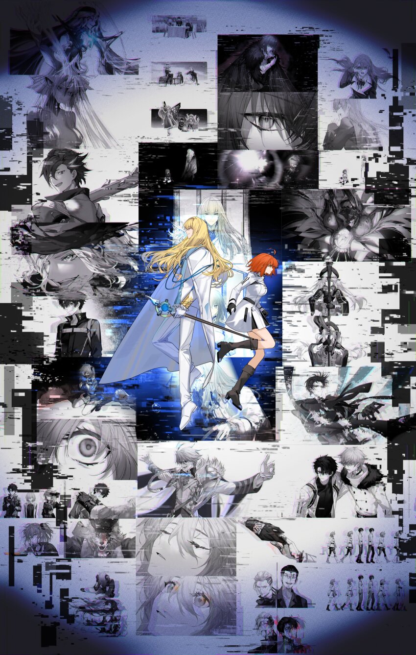 absurdres ahoge arlizi artoria_caster_(fate) artoria_caster_(first_ascension)_(fate) artoria_caster_(second_ascension)_(fate) artoria_pendragon_(fate) beryl_gut black_footwear black_gloves blonde_hair boots cape choker command_spell dress dress_pants dress_shoes edmond_dantes_(fate) eye_focus fate/grand_order fate_(series) formal_clothes fujimaru_ritsuka_(female) fujimaru_ritsuka_(female)_(decisive_battle_chaldea_uniform) fujimaru_ritsuka_(female)_(polar_chaldea_uniform) fujimaru_ritsuka_(male) fujimaru_ritsuka_(male)_(decisive_battle_chaldea_uniform) fur_trim glasses glitch gloves greyscale hair_down hat highres holding holding_staff jacket james_moriarty_(ruler)_(fate) kadoc_zemlupus kirschtaria_wodime knee_boots long_hair mandricardo_(fate) mash_kyrielight mash_kyrielight_(ortenaus) medium_hair monochrome oberon_(fate) oberon_(second_ascension)_(fate) oberon_(third_ascension)_(fate) official_alternate_costume olga_marie_animusphere open_clothes open_jacket ophelia_phamrsolone orange_eyes orange_hair pants patxi_(fate) pleated_skirt priestess_of_the_alien_god romani_archaman scandinavia_peperoncino sherlock_holmes_(fate) shi_huang_di_(fate) skirt staff suit u-olga_marie white_cape white_dress white_footwear white_gloves white_jacket white_pants white_suit