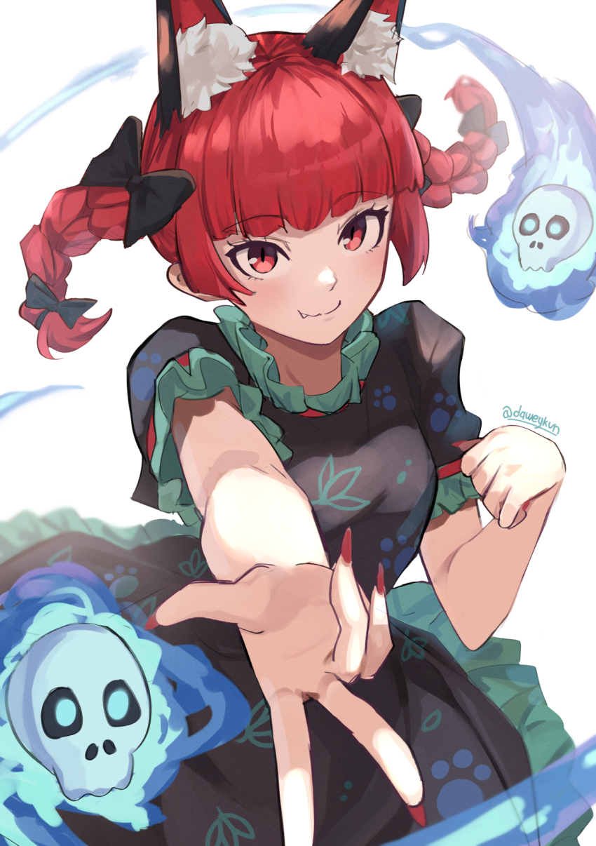 1girl animal_ears bow braid breasts cat_ears closed_mouth commentary daweykun dress extra_ears fang fire flaming_skull floating_skull frilled_dress frills green_dress hair_bow happy highres kaenbyou_rin long_hair looking_at_viewer puffy_short_sleeves puffy_sleeves red_eyes red_hair short_sleeves simple_background skull small_breasts smile solo touhou twin_braids white_background