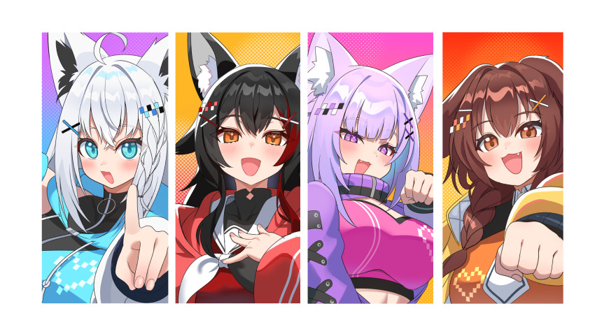 4girls :3 :d ahoge animal_ear_fluff animal_ears aqua_eyes black_hair black_neckerchief blue_hair blue_hoodie blunt_bangs braid brown_eyes brown_hair cat_ears cat_girl collared_shirt colored_inner_hair commentary contrast_collar crossed_bangs dog_ears double-parted_bangs english_commentary fang flipped_hair fox_ears fox_girl fox_shadow_puppet hair_between_eyes hair_ornament hair_over_shoulder hairclip hand_up highres hololive hololive_gamers hood hooded_jacket hoodie inugami_korone jacket kumarang long_hair looking_at_viewer low_twin_braids medium_hair multicolored_hair multiple_girls neckerchief necktie nekomata_okayu official_alternate_costume ookami_mio open_mouth orange_shirt outstretched_arm pink_jacket pink_tube_top purple_eyes purple_hair purple_jacket red_hair red_shirt sailor_collar sailor_shirt shirakami_fubuki shirt short_necktie side_braid sidelocks single_braid smile strapless streaked_hair tube_top twin_braids virtual_youtuber white_hair white_neckerchief white_necktie white_sailor_collar wolf_ears wolf_girl x_hair_ornament yellow_eyes