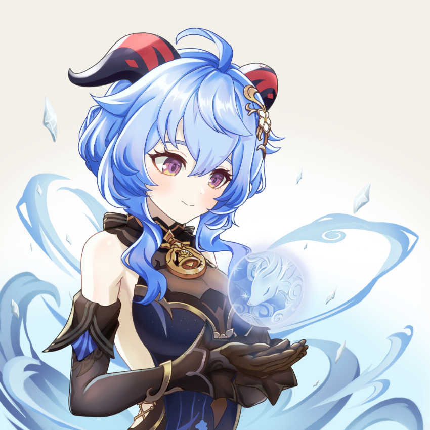 1girl ahoge bare_shoulders bell black_dress black_gloves blue_dress blue_hair blush breasts cleavage detached_sleeves dress ganyu_(genshin_impact) ganyu_(twilight_blossom)_(genshin_impact) genshin_impact gloves gradient_clothes gradient_dress hair_ornament highres horns long_hair medium_breasts neck_bell official_alternate_costume official_alternate_hairstyle orb owlsforest1 purple_eyes qilin_(mythology) see-through_cleavage see-through_clothes sideless_dress sleeveless sleeveless_dress solo upper_body