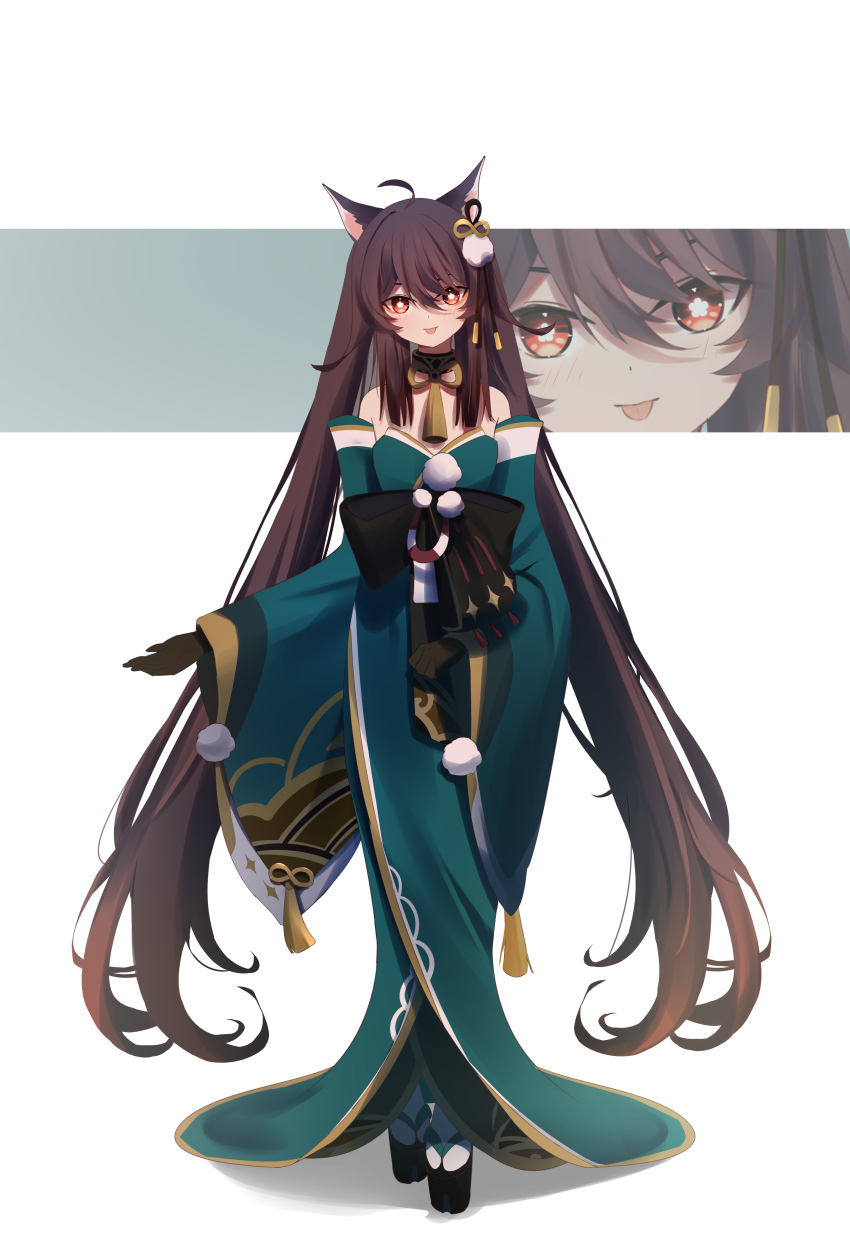 1girl absurdly_long_hair absurdres animal_ears brown_hair cosplay dog_ears flower-shaped_pupils full_body genshin_impact gorou_(genshin_impact) highres hina_(genshin_impact) hina_(genshin_impact)_(cosplay) hu_tao_(genshin_impact) japanese_clothes kimono long_hair off_shoulder platform_clogs qixia red_eyes smile socks solo symbol-shaped_pupils twintails very_long_hair white_background white_socks