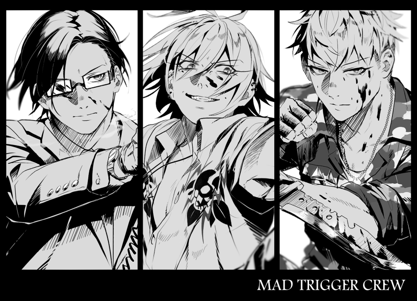 3boys aohitsugi_samatoki blood blood_on_face blood_splatter busujima_rio_mason camouflage combat_knife dog_tags formal_clothes glasses gloves greyscale grin gun handgun highres holding holding_gun holding_knife holding_weapon hypnosis_mic iruma_jyuto jewelry knife mad_trigger_crew male_focus monochrome multiple_boys necktie punching reverse_grip shirt simple_background smile suit take_bayashi_3d undercut weapon