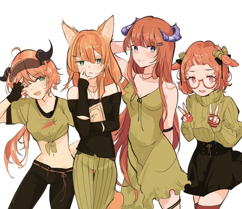 4girls :d alternate_costume animal_ears arknights arm_strap arm_up bagpipe_(arknights) bare_shoulders beagle_(arknights) black_bow black_gloves black_hat black_pants black_shirt black_skirt book bow carrot_print cat_ears cat_girl cat_tail collarbone color_connection commentary cow_horns croissant_(arknights) crop_top diagonal_bangs dot_nose double_v dress earrings english_commentary fang fingerless_gloves food_print glasses gloves green_bow green_dress green_eyes green_pants green_shirt green_sweater grey_eyes gupipy hair_between_eyes hair_bow hair_ornament hairclip hand_on_own_face hand_on_own_head hand_on_own_hip hat highres holding holding_book horns hyena_ears jewelry leaning_to_the_side long_hair midriff multiple_girls navel one_eye_closed open_mouth orange_gloves orange_hair orange_tail pants papyrus_(arknights) parted_bangs ponytail purple_horns red-framed_eyewear red_eyes red_thighhighs ribbed_sweater semi-rimless_eyewear shirt shirt_tucked_in short_hair skirt sleeves_past_wrists smile strapless strapless_shirt string_belt sweater tail thigh_gap thighhighs tied_shirt turtleneck turtleneck_sweater under-rim_eyewear upper_body v visor_cap zettai_ryouiki