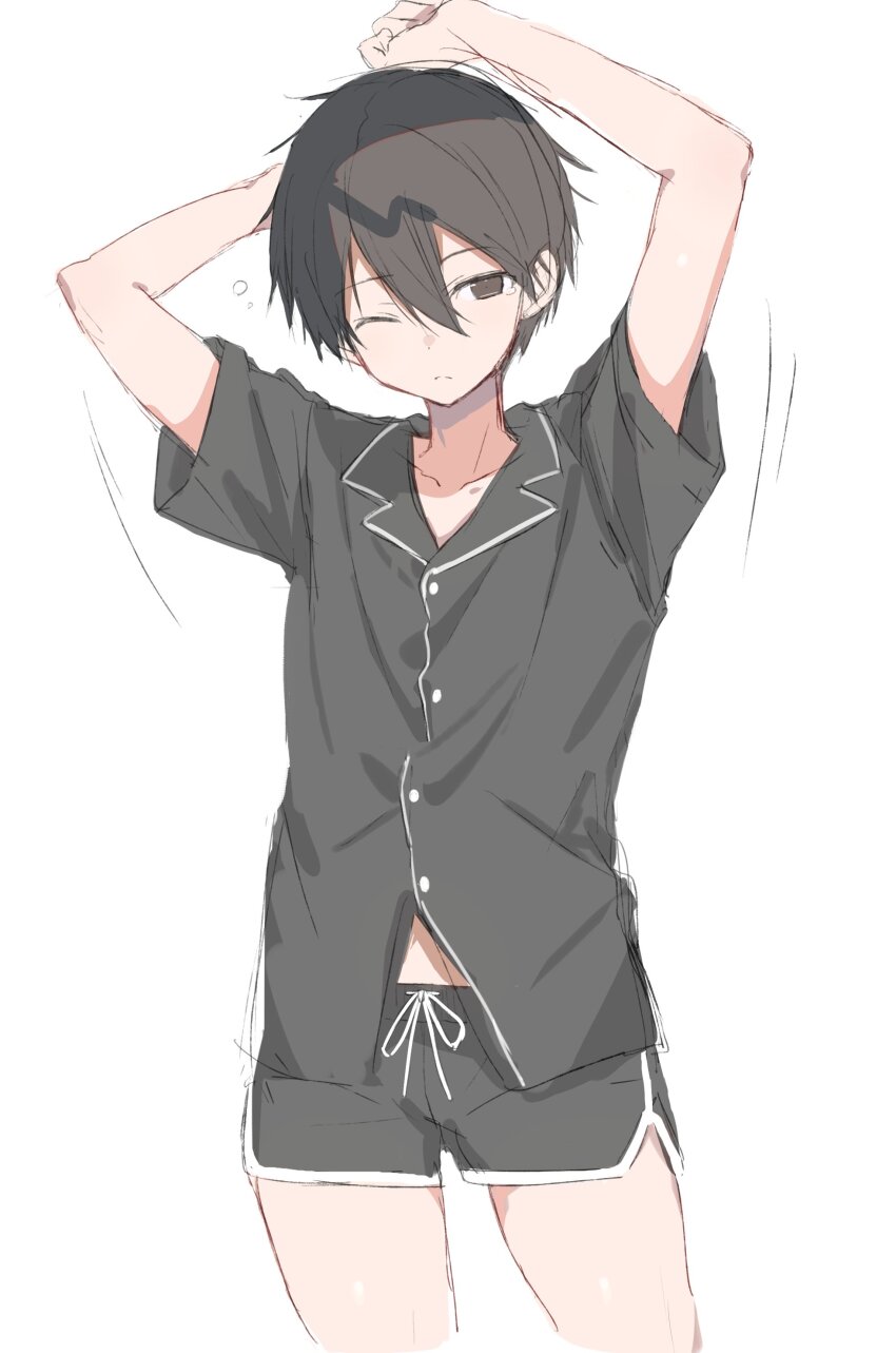 1boy absurdres arms_up black_eyes black_hair black_pajamas black_shirt black_shorts closed_mouth hair_between_eyes highres kirito looking_at_viewer male_focus ogura_ari one_eye_closed pajamas shirt short_sleeves shorts simple_background solo sword_art_online tears waking_up white_background