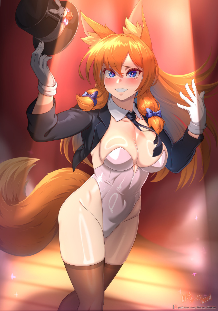 1girl animal_ear_fluff animal_ears artist_name black_hat black_jacket black_necktie blue_bow blue_eyes blush bow breasts brown_thighhighs cleavage collarbone commentary commentary_request covered_navel cowboy_shot detached_collar english_commentary eyelashes fox_ears fox_girl fox_tail gloves grin groin hair_between_eyes hair_bow hat highleg highleg_leotard highres holding holding_unworn_clothes holding_unworn_hat jacket kitsu_(vilde_loh_hocen) large_variant_set leotard long_hair long_sleeves looking_at_viewer medium_breasts mixed-language_commentary necktie open_clothes open_jacket open_mouth orange_hair original patreon_logo patreon_username playboy_bunny smile solo spotlight stage strapless strapless_leotard tail thighhighs top_hat unworn_hat unworn_headwear variant_set vilde_loh_hocen watermark web_address white_gloves white_leotard