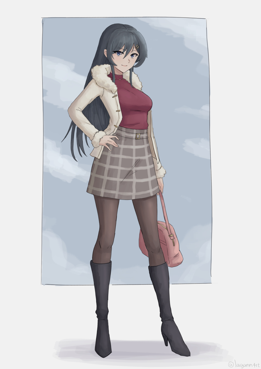 1girl absurdres alternate_costume black_hair black_pantyhose blue_eyes boots closed_mouth coat commentary english_commentary full_body gann_(pixiv_107732455) grey_skirt hair_ornament hairclip hand_on_own_hip high-waist_skirt high_heel_boots high_heels highres knee_boots long_hair looking_at_viewer open_clothes open_coat pantyhose plaid_clothes plaid_skirt red_sweater sakurajima_mai seishun_buta_yarou skirt solo standing sweater twitter_username white_coat winter_clothes winter_coat
