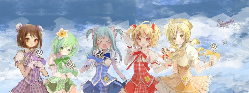 &gt;_&lt; 5girls 86thunder :o absurdres aircraft airplane ayano_rika beret blonde_hair blue_sky breasts cloud cloudy_sky day drill_hair green_eyes green_hair hat highres idol_clothes kuroe_(madoka_magica) magia_record:_mahou_shoujo_madoka_magica_gaiden mahou_shoujo_madoka_magica medium_breasts minami_rena multiple_girls natsume_kako open_mouth short_twintails sky tomoe_mami twin_drills twintails yellow_eyes