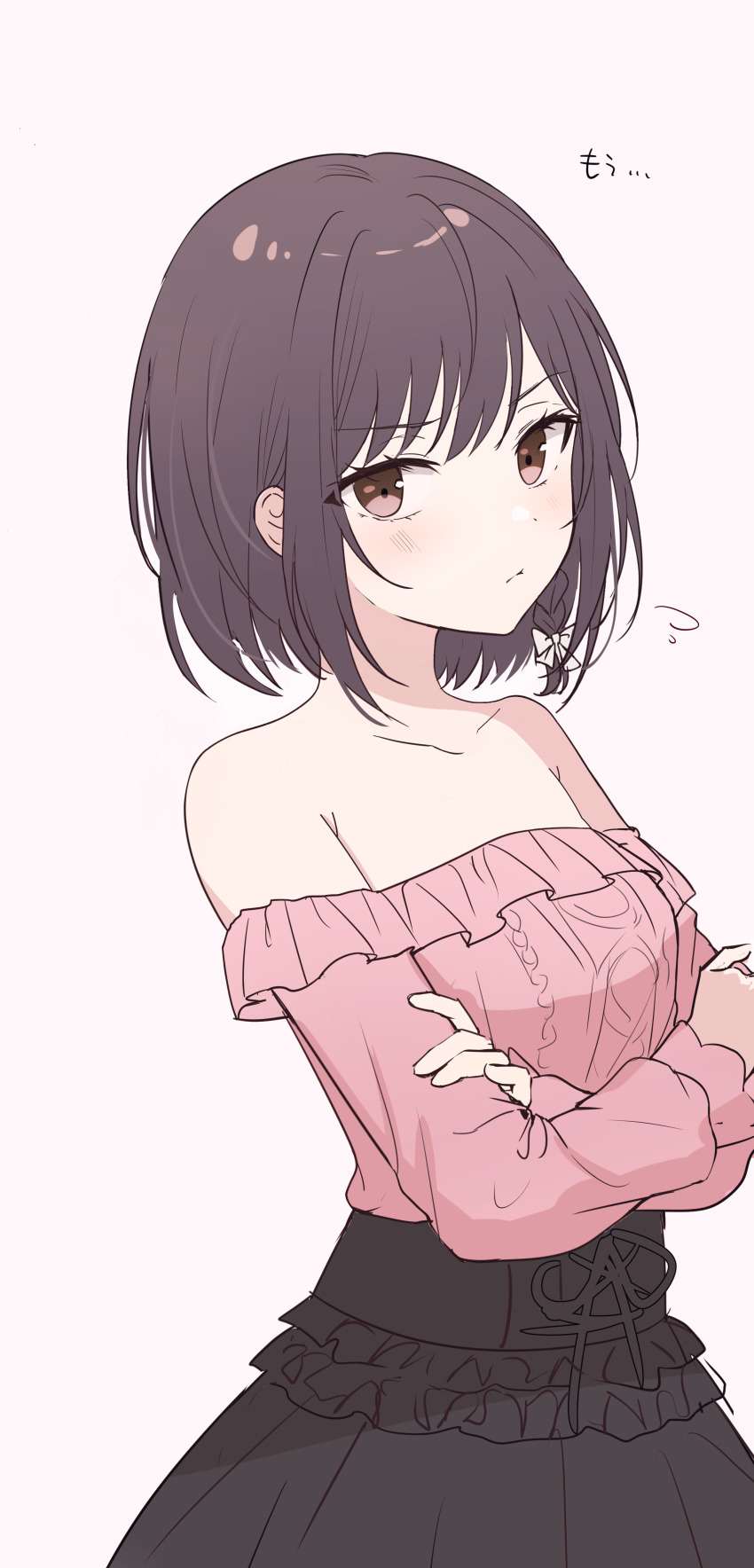 1girl absurdres armpit_crease bare_shoulders black_skirt bow braid brown_eyes brown_hair closed_mouth collarbone from_side hair_bow highres long_sleeves looking_at_viewer non-web_source off-shoulder_sweater off_shoulder pink_sweater project_sekai puffy_long_sleeves puffy_sleeves shinonome_ena short_hair skirt solo source_request sweater sweater_tucked_in third-party_edit third-party_extraction tokkyu white_bow
