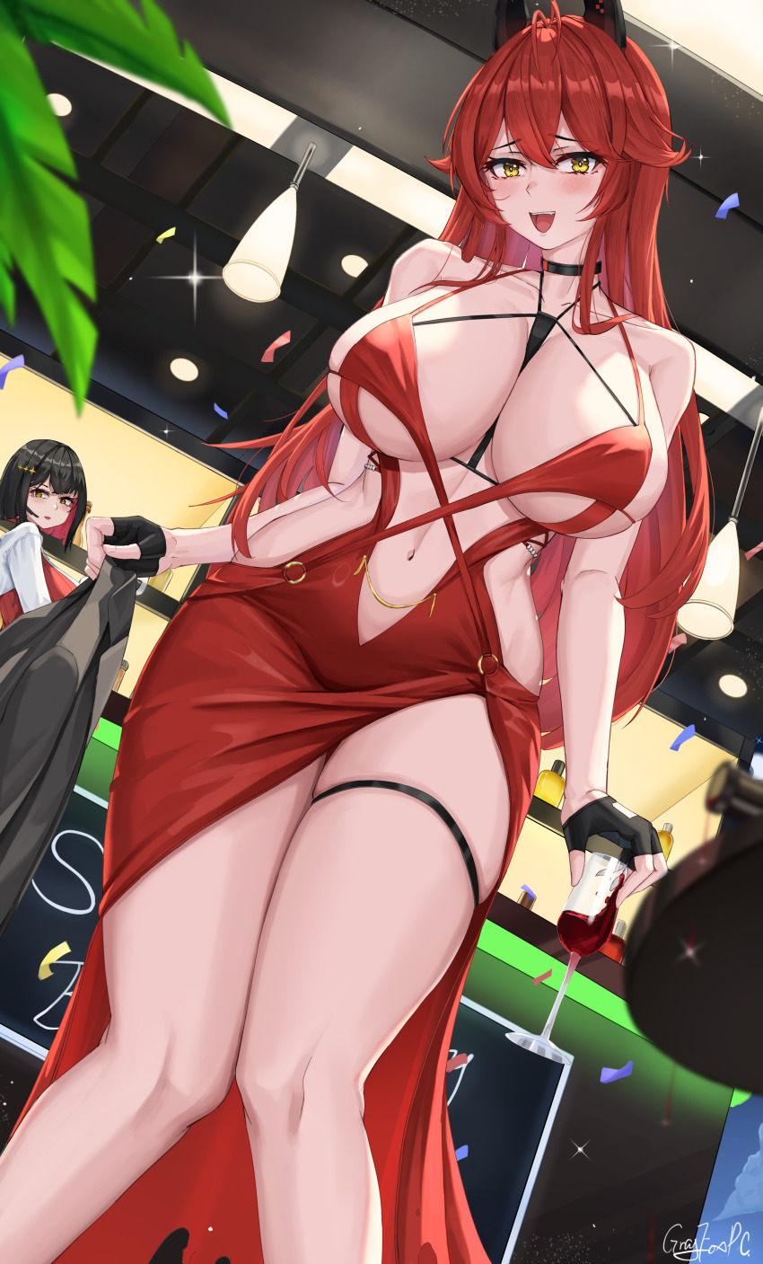 2girls absurdres alcohol antenna_hair bar_(place) bar_stool bare_shoulders between_breasts black_choker black_gloves black_hair black_jacket blush breasts brown_eyes choker cleavage clothing_cutout collarbone colored_inner_hair commentary_request confetti cup dress drinking_glass dutch_angle earpiece evening_gown fingerless_gloves gloves goddess_of_victory:_nikke grayfoxpochi hair_between_eyes hair_flaps highres holding holding_cup holding_jacket holding_unworn_clothes horns indoors jacket large_breasts long_hair long_sleeves looking_at_viewer mechanical_horns multicolored_hair multiple_girls navel navel_cutout official_alternate_costume open_mouth pink_hair red_dress red_hair red_hood_(nikke) red_hood_(nonsense_red)_(nikke) red_vest red_wine revealing_clothes rouge_(nikke) shirt short_hair sidelocks signature skindentation sleeveless sleeveless_dress standing stool strap_between_breasts teeth thigh_strap unworn_jacket upper_teeth_only vest white_shirt wine wine_glass yellow_eyes