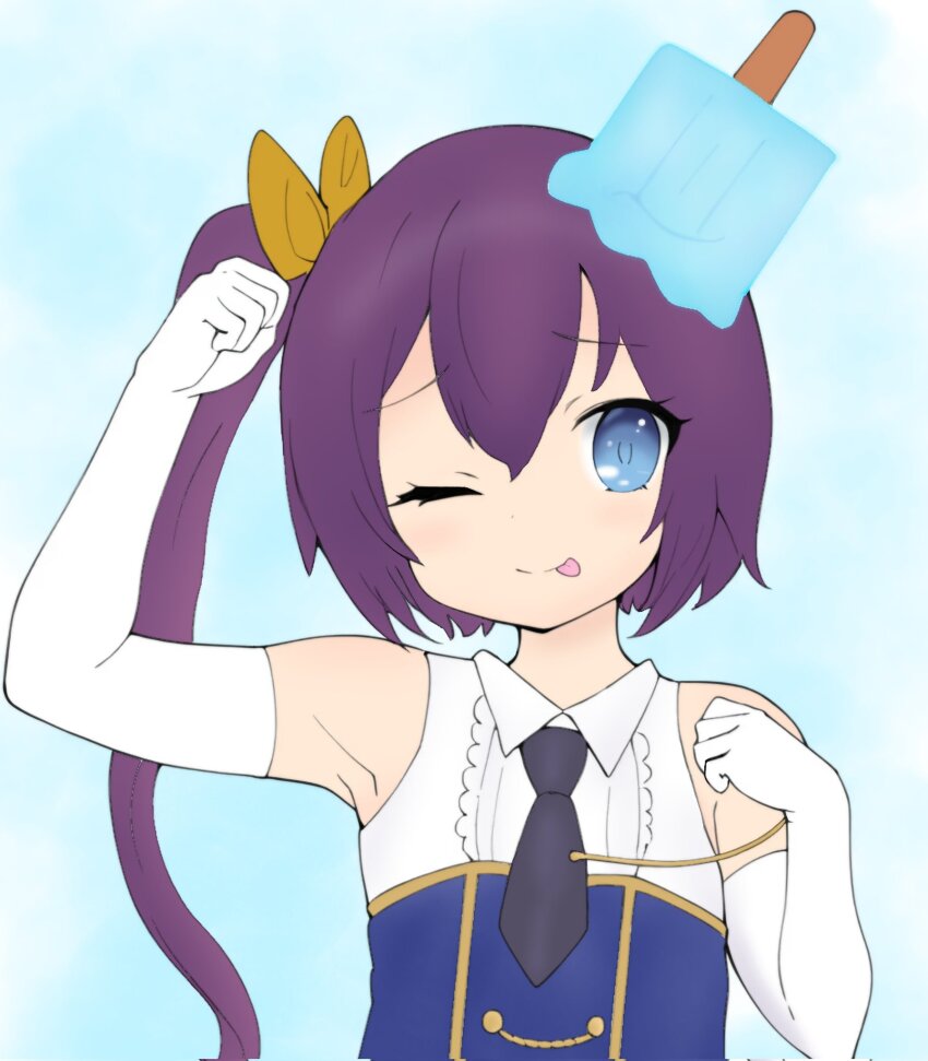 1girl ;p arm_up armpits assault_lily bare_shoulders black_necktie blue_background blue_eyes clenched_hands closed_mouth collared_shirt commentary_request dojikko_pose elbow_gloves food food_on_head gloves gradient_background hair_between_eyes hair_ribbon hand_up high_ponytail highres kawanabe_nazuna light_blush looking_at_viewer necktie object_on_head odaiba_girls_high_school_uniform one_eye_closed ponytail popsicle purple_hair raised_eyebrows ribbon school_uniform shirt short_necktie side_ponytail smile solo tongue tongue_out two-tone_shirt upper_body white_gloves white_shirt yellow_ribbon yuuna_(yu_nana88)
