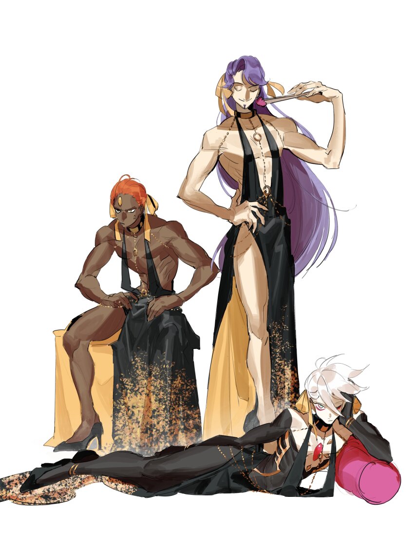3boys absurdres ashwatthama_(fate) bb_dubai_(fate) bb_dubai_(fate)_(cosplay) black_dress braid braided_hair_rings cosplay crossdressing dress duryodhana_(fate) earrings fabulous facial_hair fate/grand_order fate_(series) goatee goatee_stubble hair_ribbon hair_rings highres jewelry karna_(fate) long_hair looking_at_viewer male_focus multiple_boys pelvic_curtain purple_eyes purple_hair ribbon sailin standing stubble toned toned_male white_background yellow_ribbon