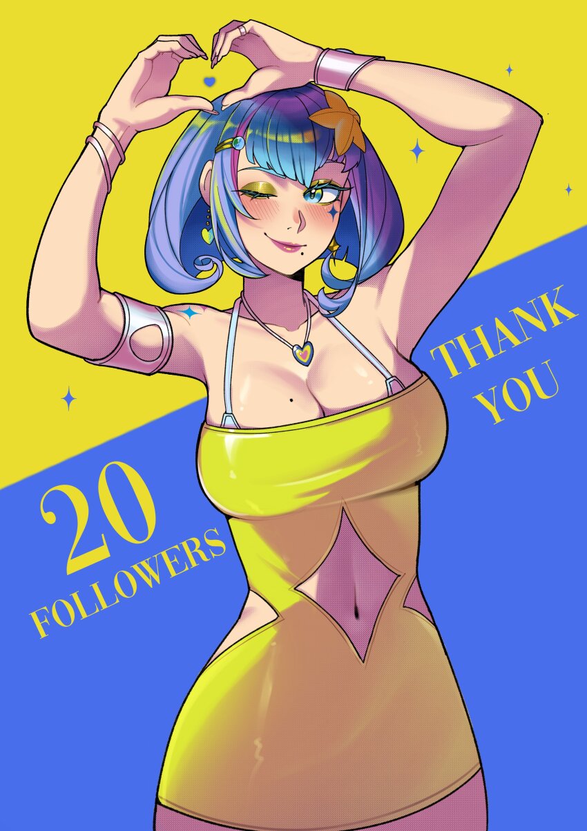 absurdres armlet blue_eyes bob_cut bracelet breasts cleavage clothing_cutout deliciousbrain dress facial_mark heart heart_hands heart_pendant highres hip_vent jewelry large_breasts lipstick looking_at_viewer makeup milestone_celebration mole navel navel_cutout one_eye_closed original pendant short_hair smile star_(symbol) star_facial_mark starfish_hair_ornament strapless strapless_dress yellow_dress