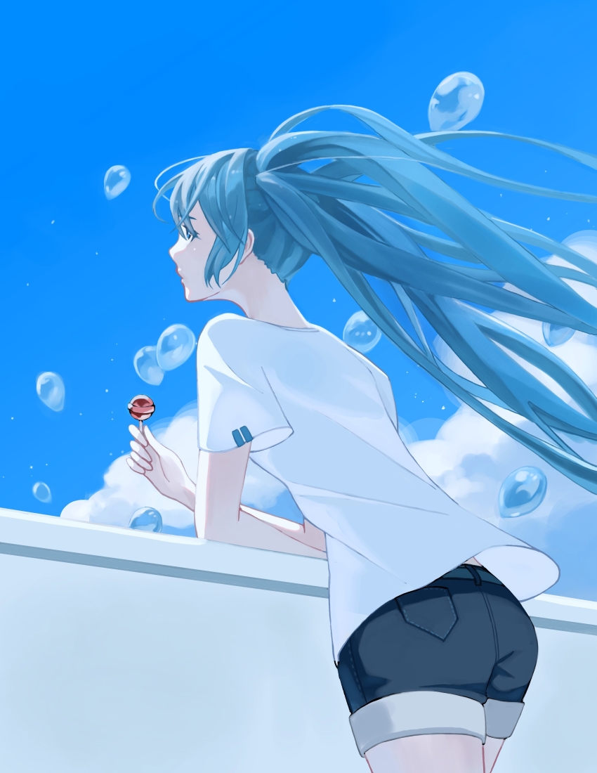 1boy absurdres black_shorts blue_eyes blue_hair blue_sky candy cloud food hatsune_miku highres holding holding_candy holding_food holding_lollipop lollipop long_hair shirt short_sleeves shorts sky solo trashpanda_11b twintails vocaloid white_shirt