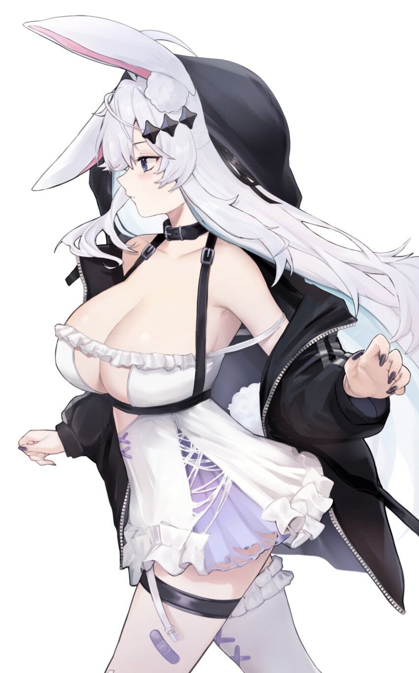 1girl ahoge animal_ear_fluff animal_ears bandaid_on_thigh belt belt_collar black_belt black_jacket black_nails blue_eyes blush breasts chest_harness cleavage cleavage_cutout closed_mouth clothing_cutout collar colored_inner_hair commentary dress english_commentary frilled_dress frilled_thighhighs frills from_side hair_between_eyes hair_ornament harness highres hood hood_up hooded_jacket indie_virtual_youtuber jacket large_breasts long_hair long_sleeves looking_ahead multicolored_hair nail_polish open_clothes open_jacket purple_eyes rabbit_ears rabbit_tail second-party_source simple_background single_ear_down single_thighhigh solo standing star_(symbol) star_hair_ornament strap_slip tail thigh_strap thighhighs thighs torn_clothes torn_dress two-tone_dress unzipped vaipyre_(vtuber) very_long_hair virtual_youtuber vxlak white_background white_dress white_hair white_thighhighs
