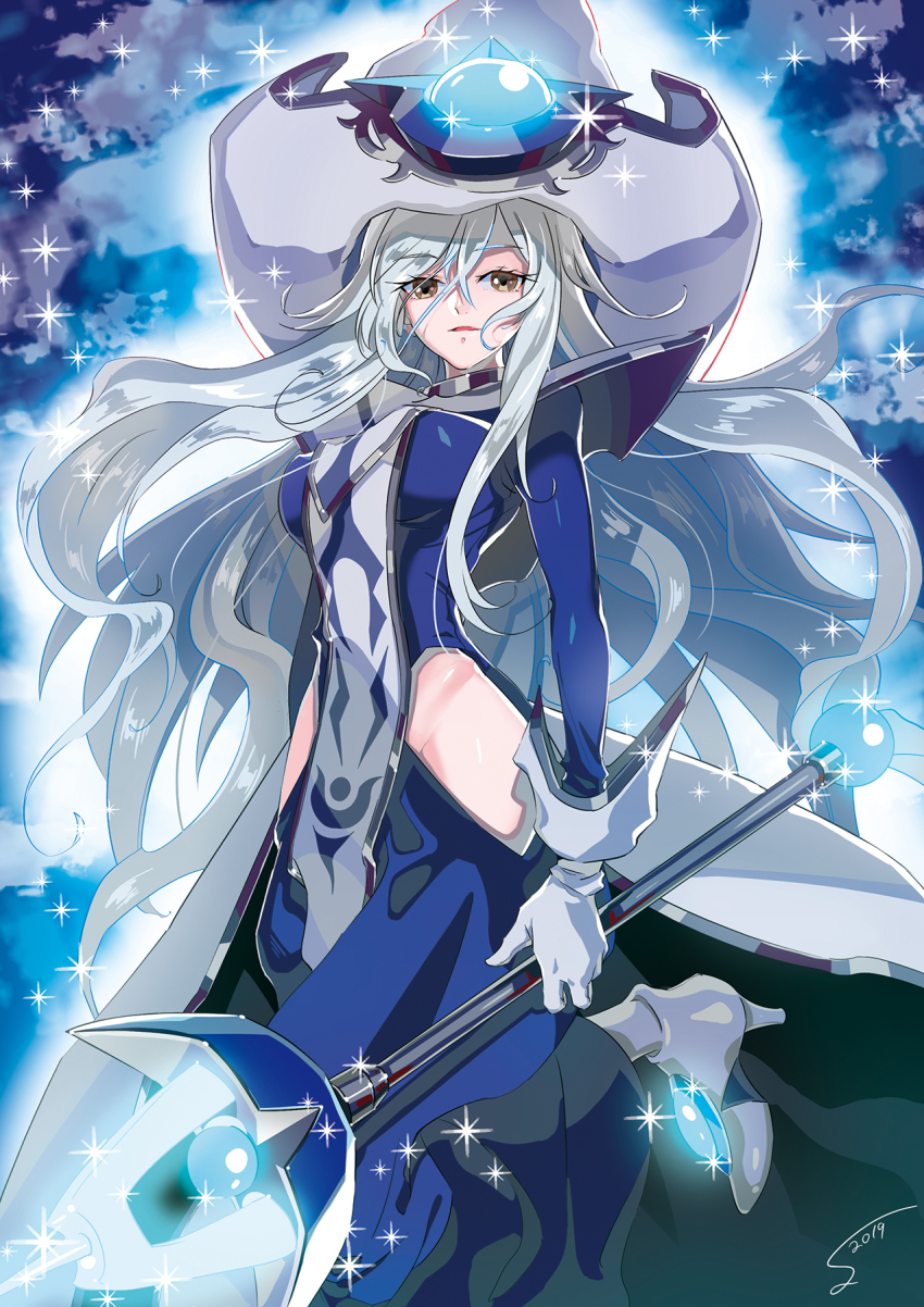 1girl blue_dress dress duel_monster gloves grey_hair hat highres hip_vent holding holding_staff long_hair looking_at_viewer shoes signature silent_magician sparkle staff sumomo tabard white_gloves white_hat white_shoes white_tabard wizard_hat yu-gi-oh!