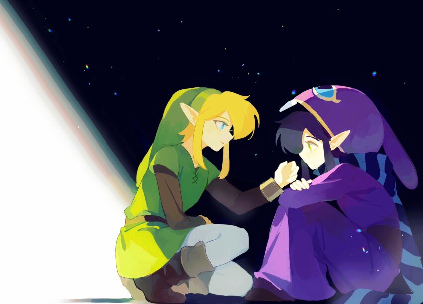 2boys animal_hood arms_on_knees black_hair blonde_hair blue_eyes blue_scarf boots brown_boots closed_mouth dark_background full_body green_eyes green_hat hat highres hood knees_to_chest link male_focus mmmaki_0 multiple_boys nintendo pale_skin pantyhose parted_lips phrygian_cap purple_hat purple_robe rabbit_hood ravio robe scarf short_hair_with_long_locks sitting squatting striped_clothes striped_scarf the_legend_of_zelda the_legend_of_zelda:_a_link_between_worlds white_pantyhose