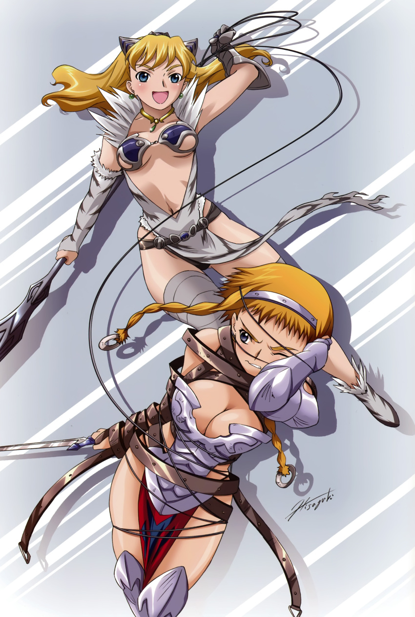 2girls absurdres animal_print armor belt binding blonde_hair blue_eyes blush braid breasts buckle captain_of_the_royal_guard_elina center_opening cleavage earrings elbow_gloves elina_(queen&#039;s_blade) exiled_warrior_leina female_focus fur gauntlets gloves hairband highres hisayuki_hirokazu jewelry leina_(queen&#039;s_blade) loincloth long_hair medium_breasts multiple_girls navel necklace one_eye_closed open_mouth parted_lips pelvic_curtain photoshop_(medium) queen&#039;s_blade revealing_clothes short_hair_with_long_locks siblings side_braid sisters strap sword tiger_print twin_braids underboob weapon wince