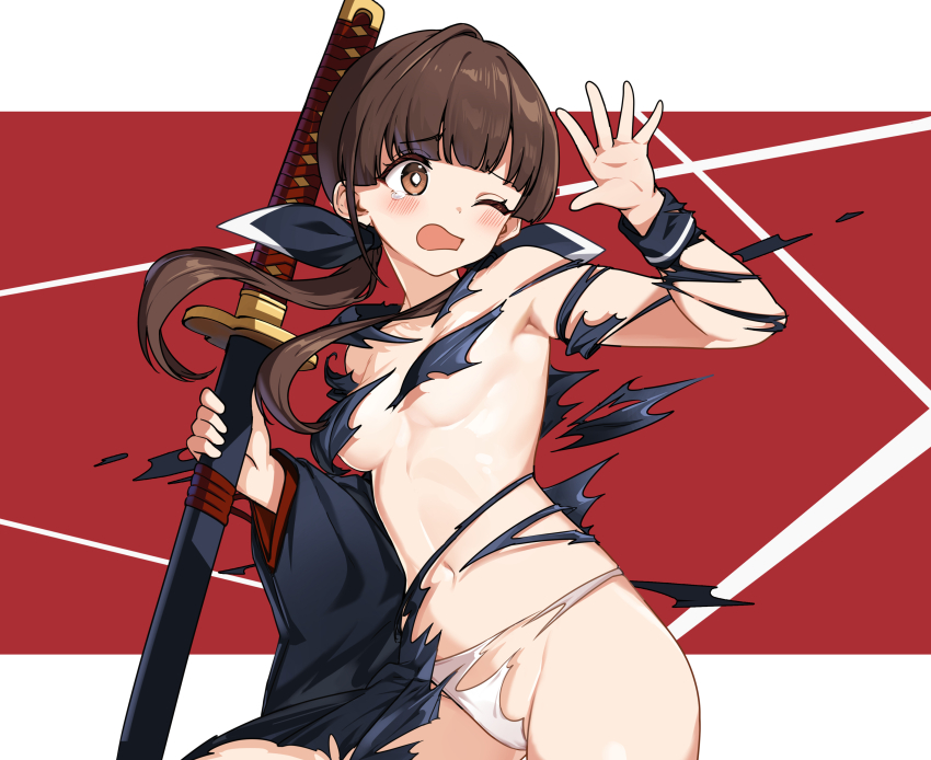 1girl absurdres arm_up armpits black_ribbon blunt_bangs blush breasts brown_eyes brown_hair convenient_censoring cowboy_shot ebi_bento exploding_clothes hair_ribbon highres holding holding_sword holding_weapon long_hair long_sleeves looking_to_the_side low_twintails ohitome_kohane open_mouth panties project_kv red_bag ribbon sheath sheathed small_breasts sword tearing_up tears torn_clothes torn_panties twintails two-tone_background underwear weapon white_background white_panties wide_sleeves