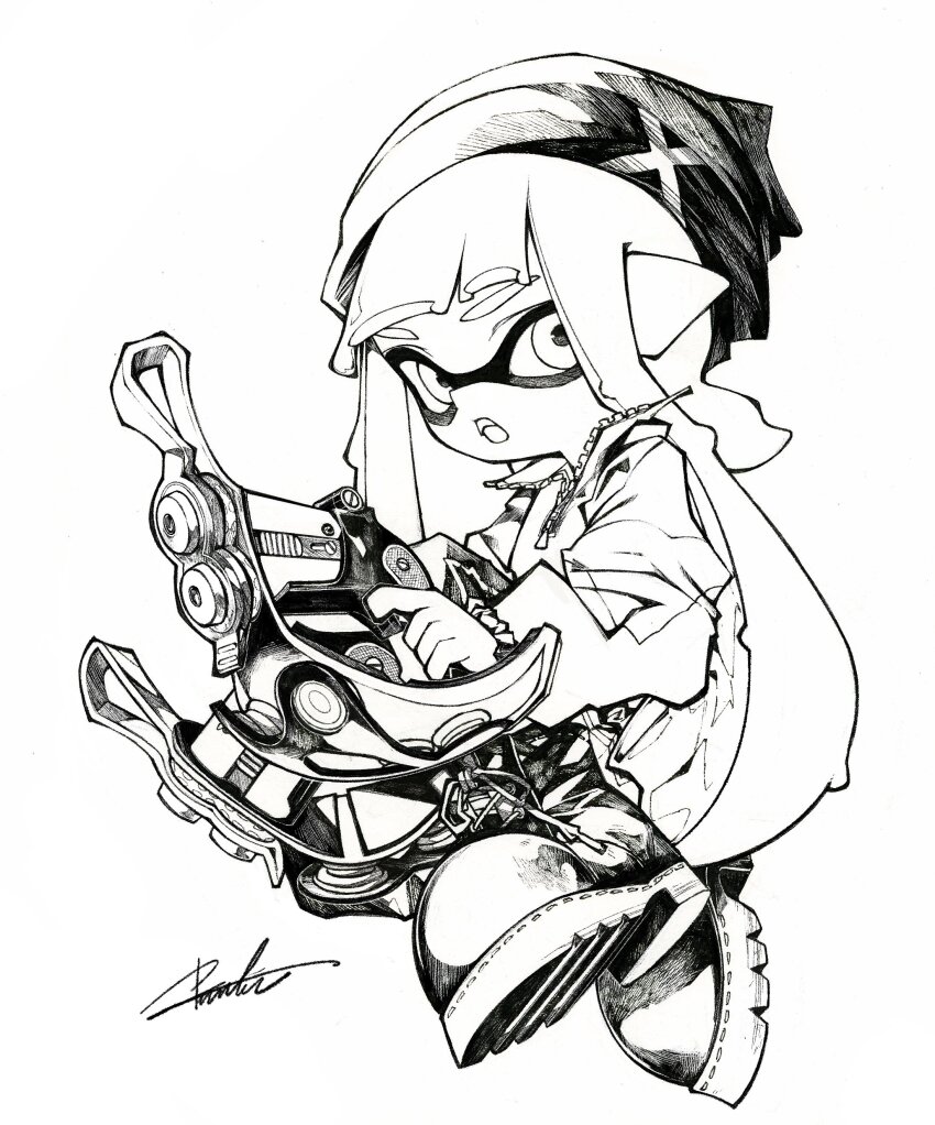 1girl :o absurdres beanie boots commentary dual_wielding fang full_body greyscale hat highres holding holding_weapon inkling inkling_girl inkling_player_character jacket lace-up_boots long_hair long_sleeves looking_at_viewer mhxbump monochrome nintendo open_mouth pointy_ears signature solo splatoon_(series) symbol-only_commentary teeth tentacle_hair tetra_dualies_(splatoon) twintails upper_teeth_only weapon zipper