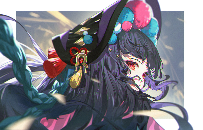 1girl black_hair blunt_bangs bonnet capelet closed_mouth dududu_(flying-corpses) eyeshadow floating_hair genshin_impact hat highres long_hair looking_at_viewer looking_back makeup pink_capelet portrait purple_hair red_eyes red_eyeshadow solo tassel vision_(genshin_impact) yun_jin_(genshin_impact)