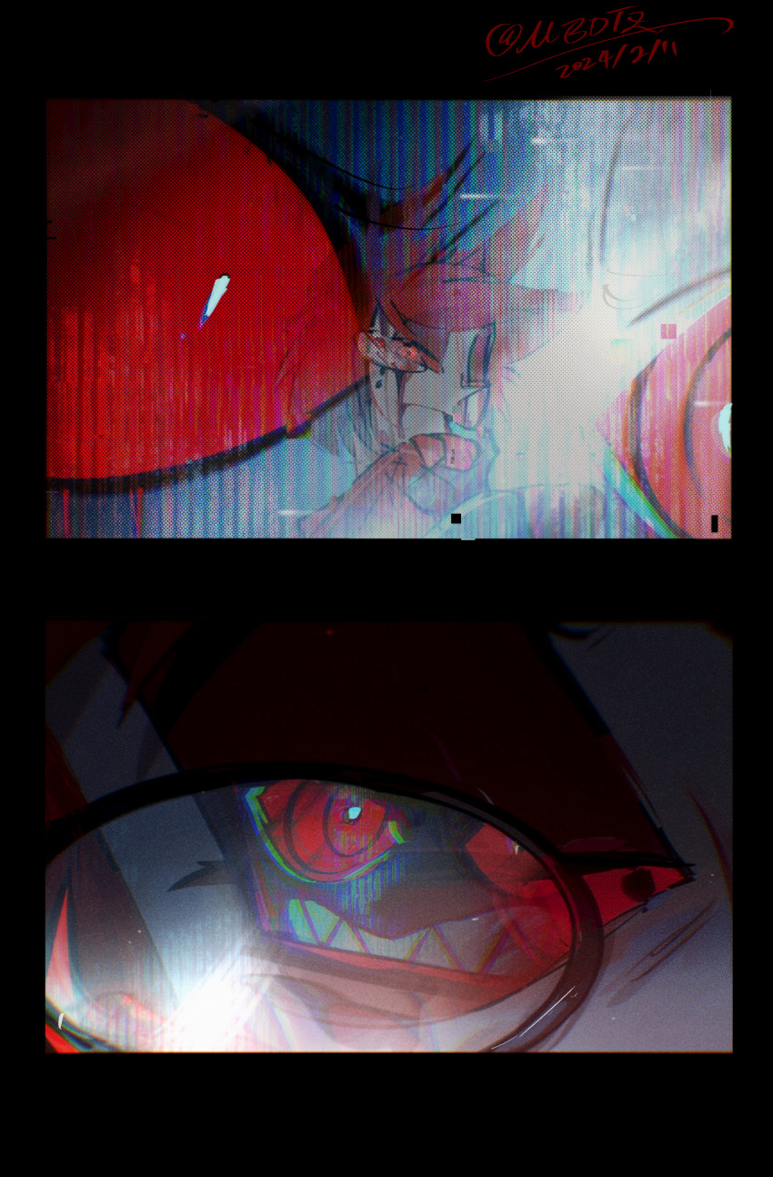 2boys alastor_(hazbin_hotel) artist_name black-framed_eyewear black_border blood bloody_tears border bow bowtie bright_pupils clenched_teeth cloak close-up colored_sclera colored_skin dated eyelashes glasses green_skin hair_ears half-closed_eyes hazbin_hotel highres knock_the_future!!_(project_sekai) male_focus mbdtz multiple_boys multiple_views pink_hair red_bow red_bowtie red_cloak red_sclera reflection sharp_teeth short_hair teeth vox_(hazbin_hotel) white_pupils wide-eyed