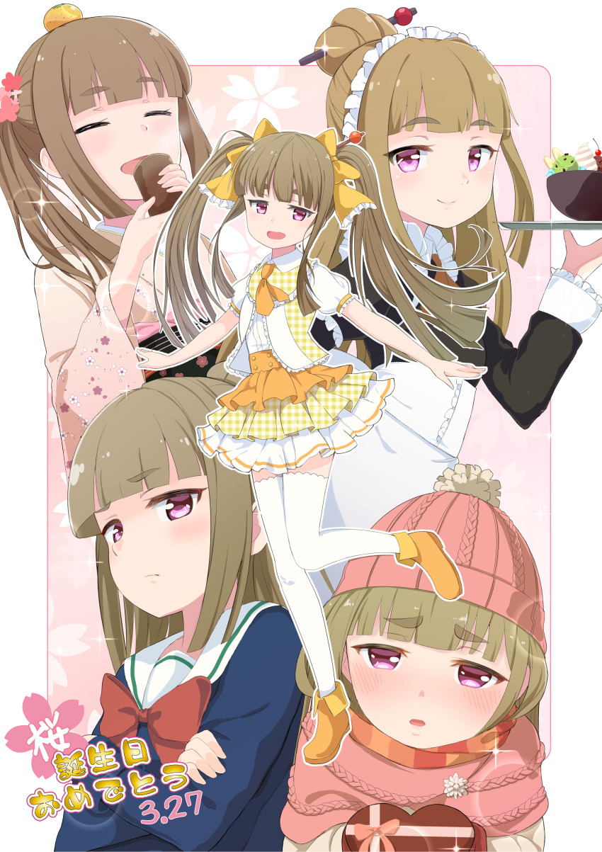 1girl absurdres battle_girl_high_school blue_shirt blunt_bangs blush border bow brown_hair closed_mouth cup drinking food fujimiya_sakura hair_bun hat highres ice_cream japanese_clothes k@ito90p kimono long_hair long_sleeves looking_at_viewer maid_headdress pink_hat pink_kimono pink_scarf purple_eyes red_bow scarf shirt smile steam twintails white_border yellow_bow yunomi
