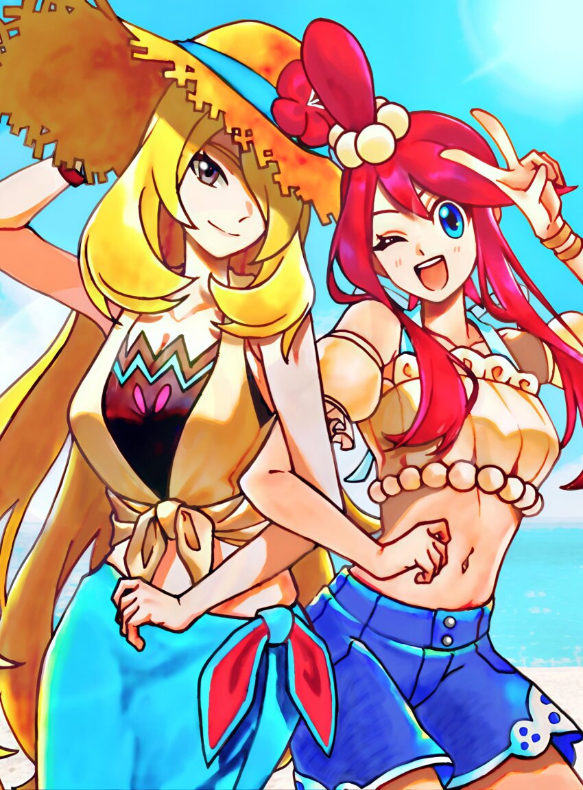 2girls ;d blonde_hair blue_eyes blue_sarong blue_shorts blue_sky brown_hat closed_mouth crop_top cynthia_(pokemon) cynthia_(summer_2025)_(pokemon) flower grey_eyes hair_over_one_eye hat hat_flower highres locked_arms long_hair looking_at_viewer midriff multiple_girls navel nintendo official_alternate_costume one_eye_closed open_mouth pokemon pokemon_masters_ex red_hair saku06480514 sarong short_hair_with_long_locks shorts sidelocks sky skyla_(pokemon) skyla_(summer_2025)_(pokemon) smile sun_hat upper_body v very_long_hair