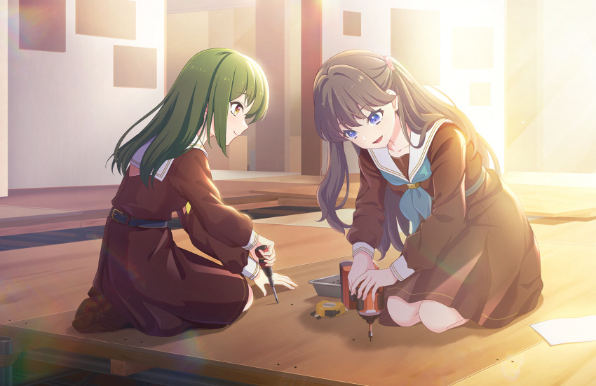 2girls :d aqua_neckerchief brown_dress brown_eyes brown_hair brown_shoes closed_mouth collarbone construction dress fujishima_megumi game_cg green_hair hand_drill hasu_no_sora_school_uniform highres holding holding_power_drill holding_screwdriver indoors light_particles link!_like!_love_live! loafers long_hair long_sleeves looking_at_another love_live! medium_dress multiple_girls neckerchief official_art ogami_sachi open_mouth plank pleated_dress power_drill purple_eyes sailor_collar sailor_dress school_uniform screw screwdriver seiza shoes sideways_mouth sitting smile straight_hair swept_bangs tape_measure third-party_source two_side_up virtual_youtuber white_sailor_collar winter_uniform