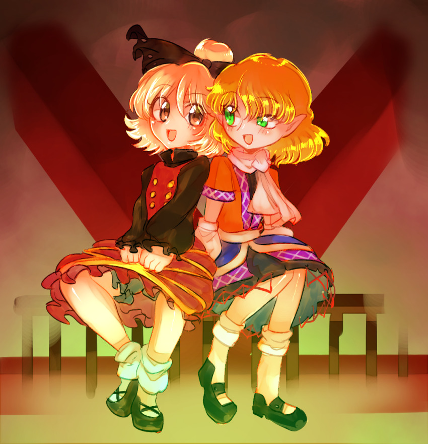 2girls arm_warmers black_bow black_footwear black_shirt black_skirt blonde_hair blush bow brown_dress brown_eyes brown_shirt buttons commentary_request dress full_body green_eyes hair_bow hair_bun kurodani_yamame long_sleeves looking_at_another looking_to_the_side mary_janes mizuhashi_parsee multiple_girls open_mouth pointy_ears ribbon sash scarf shippuu_jinnari shirt shoes short_hair short_sleeves skirt smile socks touhou turtleneck undershirt white_sash white_scarf white_socks yellow_ribbon