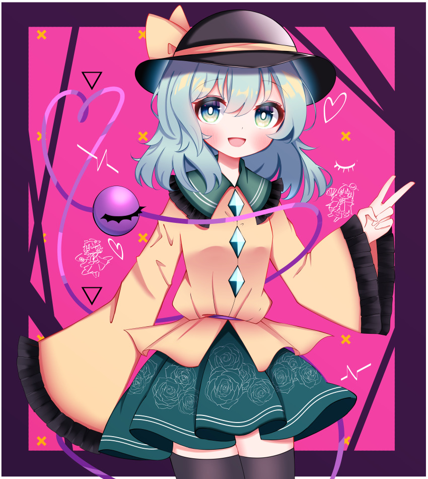 1girl :d absurdres black_hat black_thighhighs blush bow buttons diamond_button floral_print frilled_shirt_collar frilled_sleeves frills green_eyes green_hair green_skirt hand_fan hat hat_bow hata_no_kokoro heart heart_of_string highres komeiji_koishi komeiji_satori light_green_hair long_hair long_sleeves looking_at_viewer medium_hair open_mouth rose_print shirt skirt sleeves_past_wrists smile solo standing thighhighs third_eye touhou v waroemon yellow_bow yellow_shirt