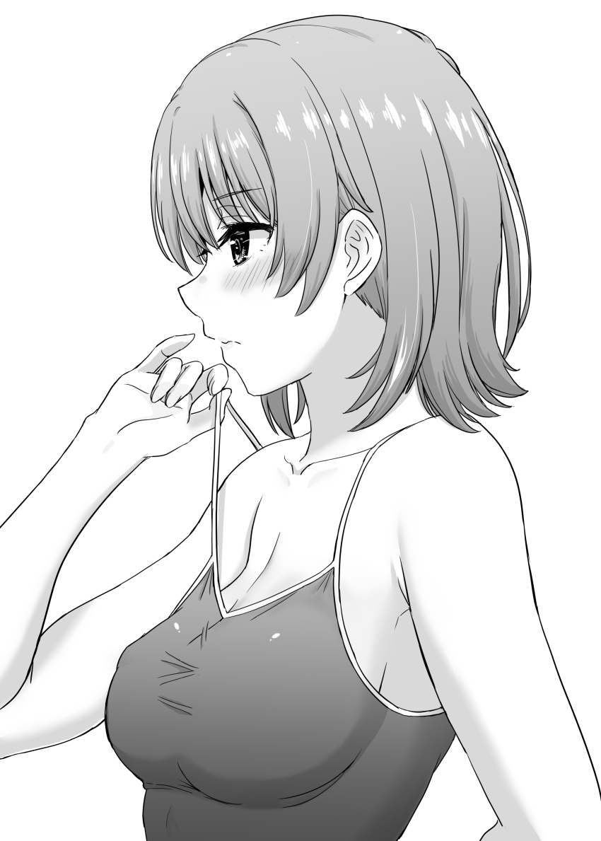 1girl absurdres blush breasts cleavage closed_mouth clothes_pull collarbone competition_swimsuit from_side greyscale highres inanaki_shiki isshiki_iroha large_breasts monochrome one-piece_swimsuit one-piece_swimsuit_pull profile short_hair simple_background solo swimsuit upper_body white_background yahari_ore_no_seishun_lovecome_wa_machigatteiru.