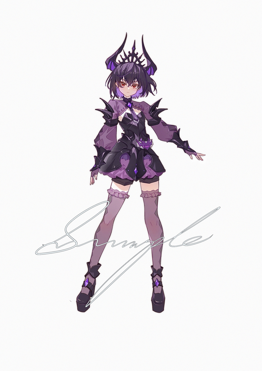 1girl above_cleavage_cutout absurdres ankle_cuffs argyle_clothes argyle_thighhighs armor black_crown black_hair black_necktie black_shoes black_shorts bracer breastplate brown_eyes closed_mouth cloudyman collared_shrug colored_inner_hair crown demon_girl demon_horns determined dot_nose faulds fingerless_gloves frilled_skirt frilled_thigh_strap frills frown full_body furrowed_brow gloves high_collar highres horns light_blush long_sleeves looking_at_viewer mary_janes miniskirt multicolored_hair necktie original outstretched_arm platform_shoes puffy_long_sleeves puffy_sleeves purple_gloves purple_hair purple_horns purple_shrug purple_skirt purple_thighhighs sample_watermark shoes short_hair shorts shorts_under_skirt shoulder_spikes shrug_(clothing) simple_background skirt solo spikes standing tachi-e thigh_strap thighhighs tsurime two-tone_hair watermark white_background
