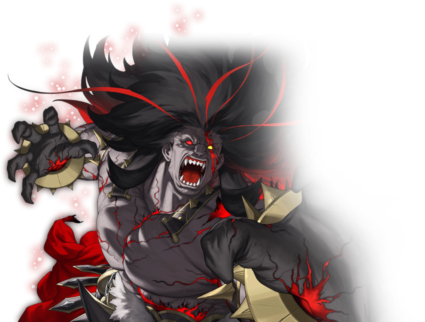1boy armor azusa_(hws) black_hair cracked_skin dark-skinned_male dark_skin fading fate/grand_order fate_(series) heracles_(fate) heterochromia key_visual large_pectorals long_hair looking_at_viewer male_focus multicolored_hair muscular official_art open_mouth pectorals promotional_art red_eyes red_hair second-party_source sharp_teeth solo streaked_hair teeth tongue topless_male transparent_background two-tone_hair upper_body veins yellow_eyes
