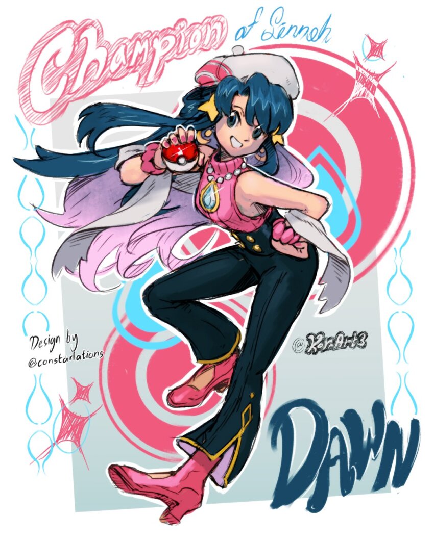 1girl aged_up artist_name bare_shoulders bell-bottoms beret black_pants blue_gemstone blue_hair borrowed_design character_name colored_inner_hair constarlations creatures_(company) crescent crescent_earrings dawn_(pokemon) earrings fingernails full_body game_freak gem glint grin hair_ornament hand_on_own_hip hand_up hat high-waist_pants high_heels highres holding holding_poke_ball jewelry kornart long_hair looking_at_viewer multicolored_hair nail_polish necklace nintendo pants pearl_necklace pink_hair pink_nails pink_shoes pink_sweater poke_ball poke_ball_(basic) pokemon pokemon_dppt ribbed_sweater shawl shoes sleeveless sleeveless_sweater sleeveless_turtleneck smile solo star_(symbol) star_hair_ornament sweater turtleneck turtleneck_sweater twitter_username two-tone_hair white_hat white_shawl