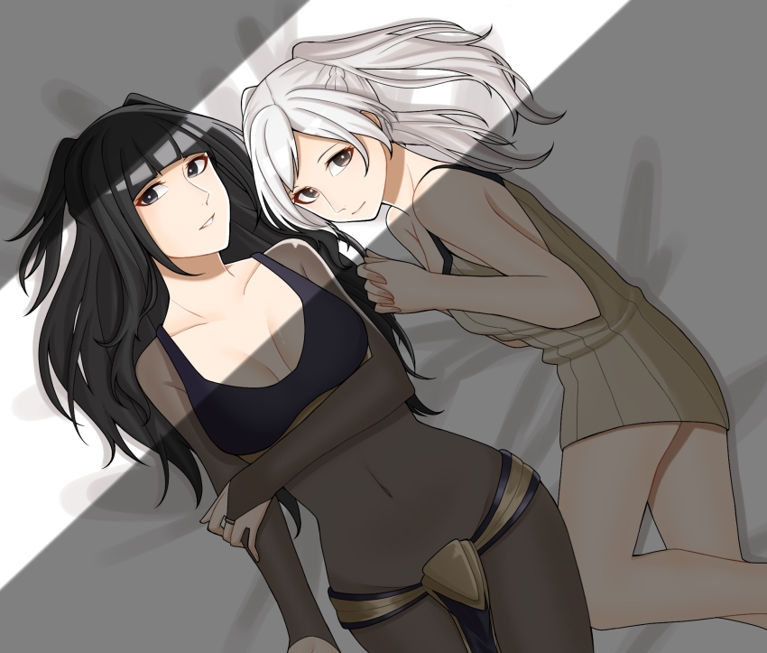 2girls ao_saryaruhu armpit_crease bare_shoulders black_bra black_eyes bodysuit bottomless bra breasts brown_eyes cleavage clenched_hands cloak coat collarbone covered_navel female_focus female_robin_(fire_emblem) fingernails fire_emblem fire_emblem_awakening from_above highres hime_cut holding_own_arm indoors jewelry large_breasts legs light_smile loincloth long_hair looking_at_viewer matching_hair/eyes medium_breasts multiple_girls neck necklace nintendo no_pants on_bed own_hands_together parted_lips resting see-through_bodysuit see-through_clothes shirt short_twintails sidelocks sleeveless sleeveless_shirt swept_bangs tharja_(fire_emblem) thighs twintails underwear unworn_cloak unworn_clothes unworn_coat unworn_headwear unworn_jewelry unworn_necklace white_hair yuri