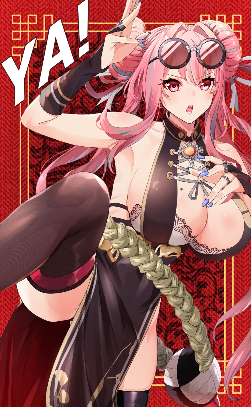 absurdres armpits azur_lane bra bra_peek braid braided_bun breasts bremerton_(azur_lane) bremerton_(kung_fu_cruiser)_(azur_lane) bridal_gauntlets brown_bra china_dress chinese_clothes double_bun dress eyewear_on_head hair_bun hair_intakes hands_up highres kento_(kentdrawing) large_breasts mole mole_on_breast nail_polish official_alternate_costume pelvic_curtain pink_hair red-tinted_eyewear round_eyewear sleeveless sleeveless_dress standing standing_on_one_leg strapless strapless_bra tinted_eyewear underwear