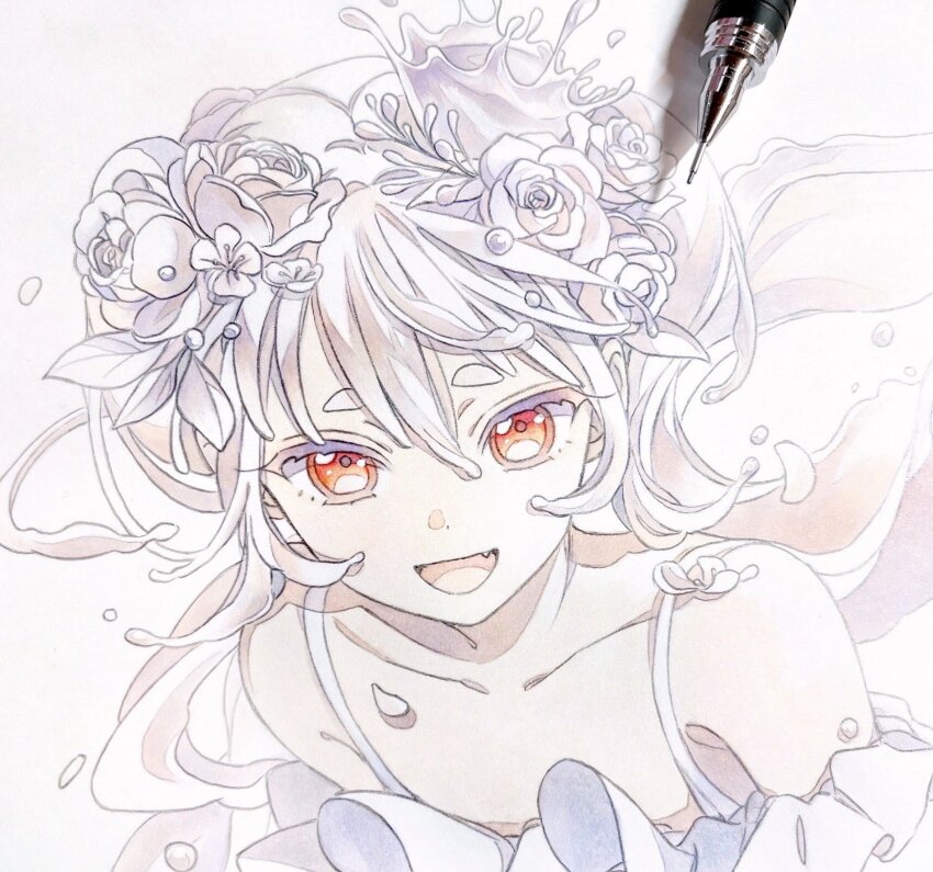 1girl bare_shoulders collarbone colored_eyelashes commentary crown dress falling_petals fang flower graphite_(medium) hair_flower hair_ornament highres liquid_hair looking_at_viewer marker_(medium) milk_crown_on_sonechka_(vocaloid) off-shoulder_dress off_shoulder open_mouth pato_(ptro) petals red_eyes rose short_eyebrows sidelocks smile solo traditional_media upper_body vocaloid white_background white_dress white_flower white_hair white_rose white_theme