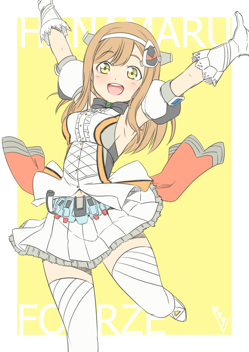 1girl :d absurdres arm_strap armpits arms_up black_bow bow bowtie breasts brown_hair bunji character_name female_focus gloves hairband highres kamen_rider kamen_rider_fourze kamen_rider_fourze_(series) kunikida_hanamaru leg_up long_hair looking_at_viewer love_live! love_live!_sunshine!! medium_breasts miniskirt open_mouth pleated_skirt rider-tan sideboob skirt smile solo standing standing_on_one_leg swept_bangs thighhighs white_gloves white_hairband white_skirt white_thighhighs yellow_eyes zettai_ryouiki