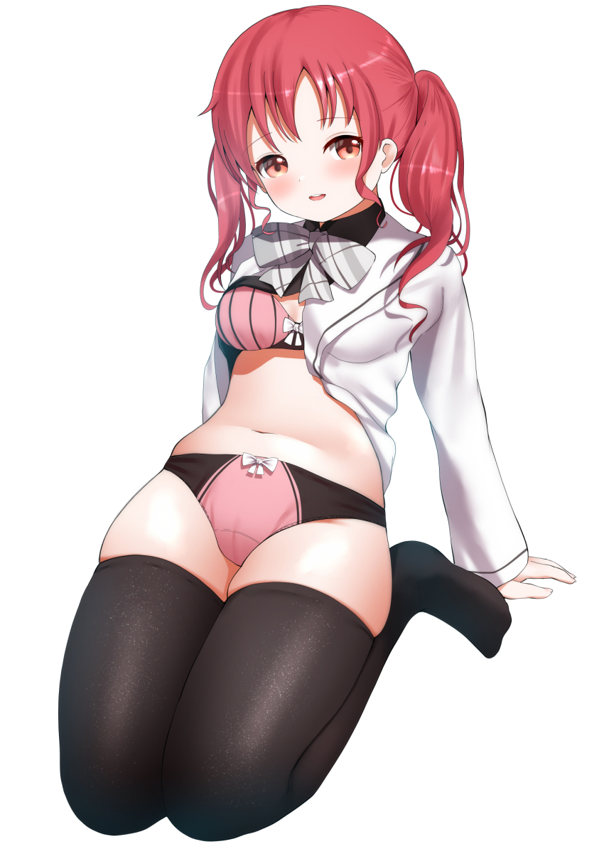 1girl black_bra black_panties black_shirt black_thighhighs blush bow bow_bra bow_panties bra clothes_lift collared_shirt gochuumon_wa_usagi_desu_ka? grey_bow hair_ornament highres jacket long_sleeves looking_at_viewer multicolored_bra multicolored_panties multicolored_underwear natsu_megumi navel no_pants open_mouth orange_eyes panties pink_bra pink_panties red_hair sakamatashachi shirt shirt_lift solo striped_bow thighhighs underwear white_jacket wing_collar